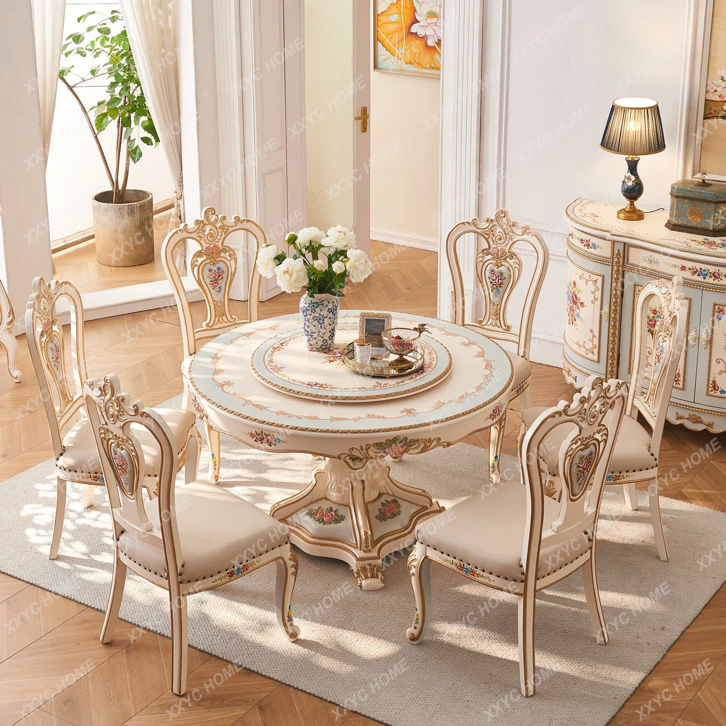 painted floral Rococo-style large solid wood home luxury marble round dining table