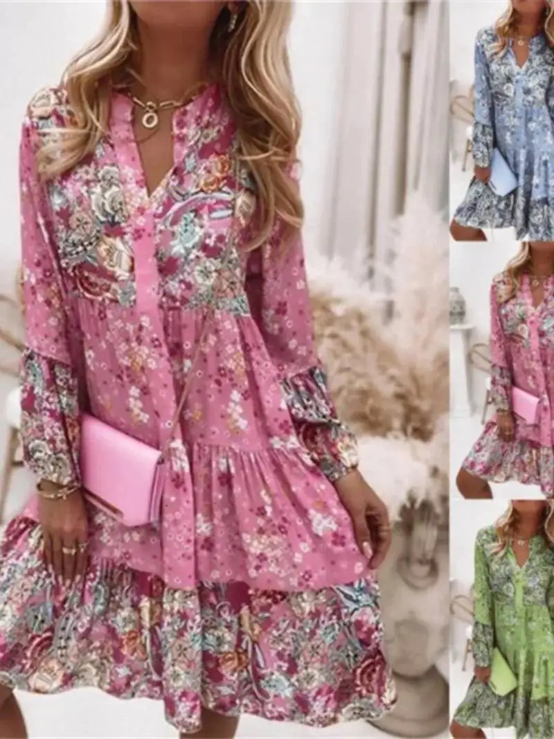 فساتين غير رسمية مطبوعة بالورود للنساء 2025 لربيع وصيف بوهو رقبة على شكل V فضفاضة على شكل حرف A فستان أنيق لحفلات الشاطئ رداء نسائي BQ87 #6