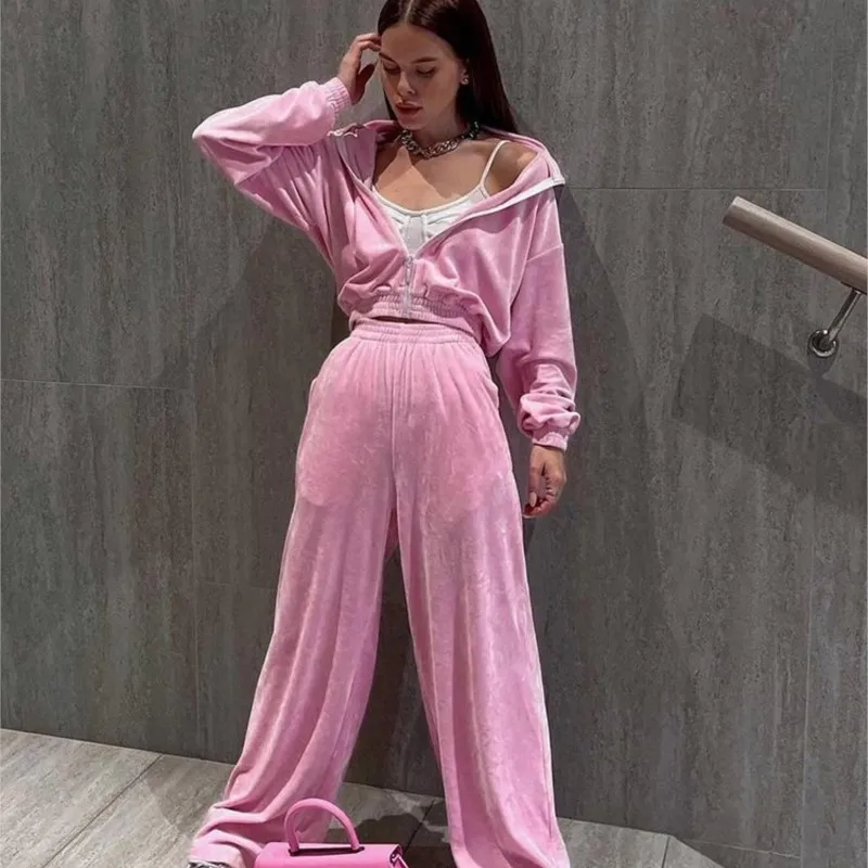

SpringAutumn Winter Fashion Woman 2 Piece Set Outfit Lapel Zipper Cardigan Sweatshirt Velvet Pant Sets 2025 Lady Casual Outfits