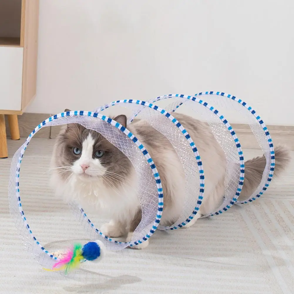 Cat Tunnel Toy Self Play Cat Hunting Spiral Tunnel Toy with Plush And Feather Foldable Cats Decompression Spring Kitten Toys