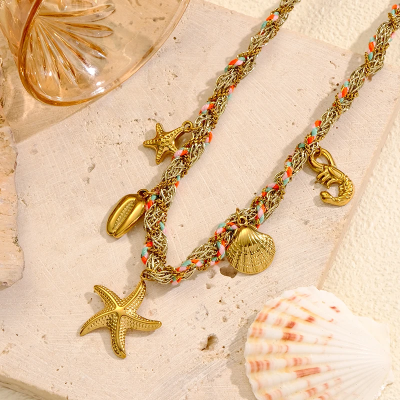 

New stainless steel exaggerated starfish, shell, and lobster pendant necklace, hand-woven chain, fashion women's necklace.