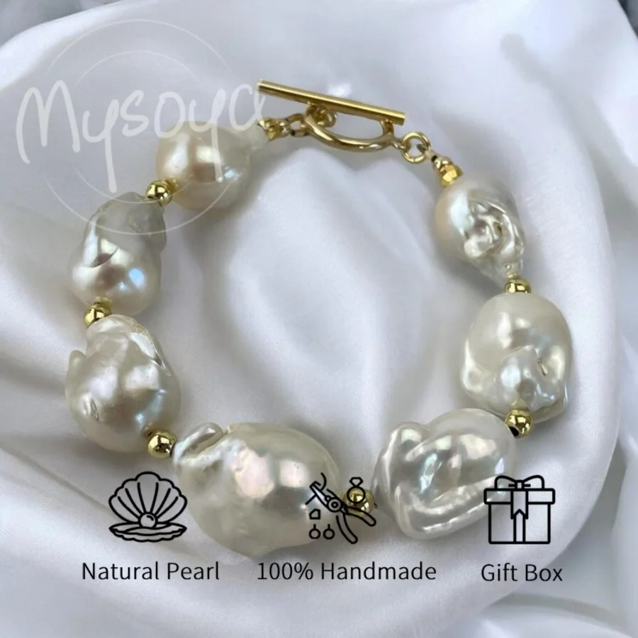 

MYSOYA Large White Baroque Freshwater Pearl Bracelet 12-14mm A Gift Box Wedding Jewelry Suitable for Daily Birthday Gifts