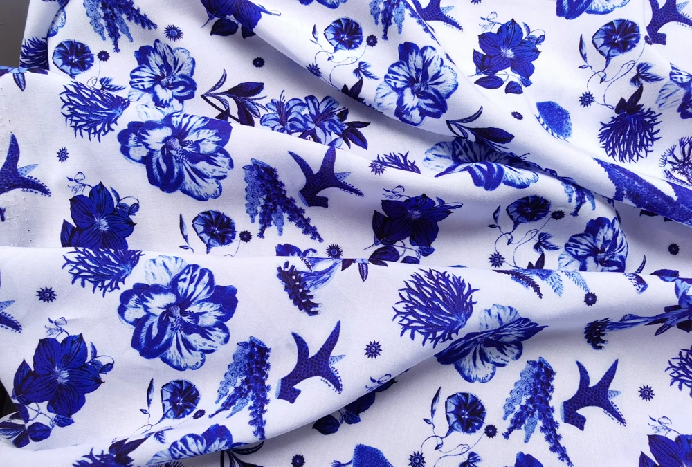 50cm*140cm Blue And White Design 100% Viscose Fabric For DIY Sewing Summer Dress Bed Sheet Rayon Patchwork Fabric Soft