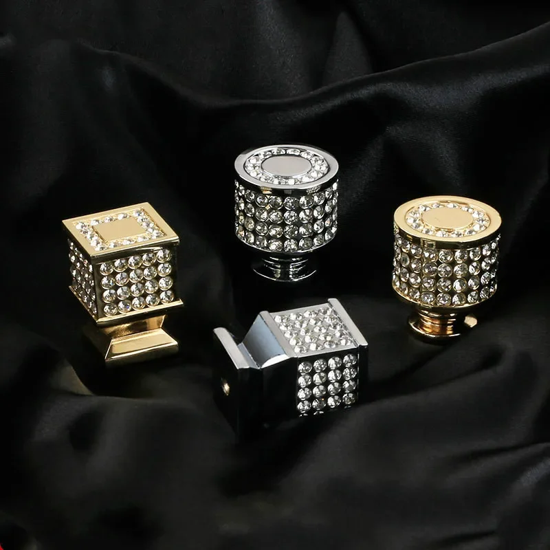 European Style Gold Wardrobe Drawer Knob Modern Kitchen Cabinet Door Handle Diamond Single Crystal Hole Home Decoration