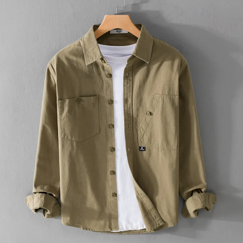 Long Sleeve Casual Shirts For Men 100% Cotton  Loose Fashion Khaki Green Mens Shirts Big Pockets Men Clothing Autumn Spring