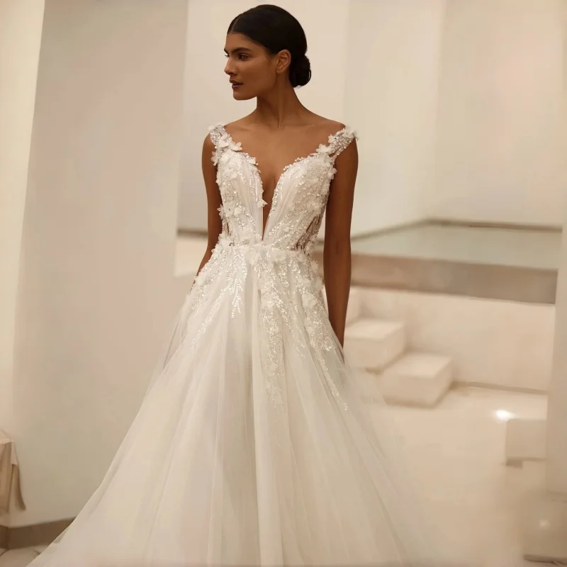 3D Floral Appliqués Beaded Tulle Court Train Bridal Gown Romantic Deep V Off-The-Shoulder A-Line Wedding Dress Customizable