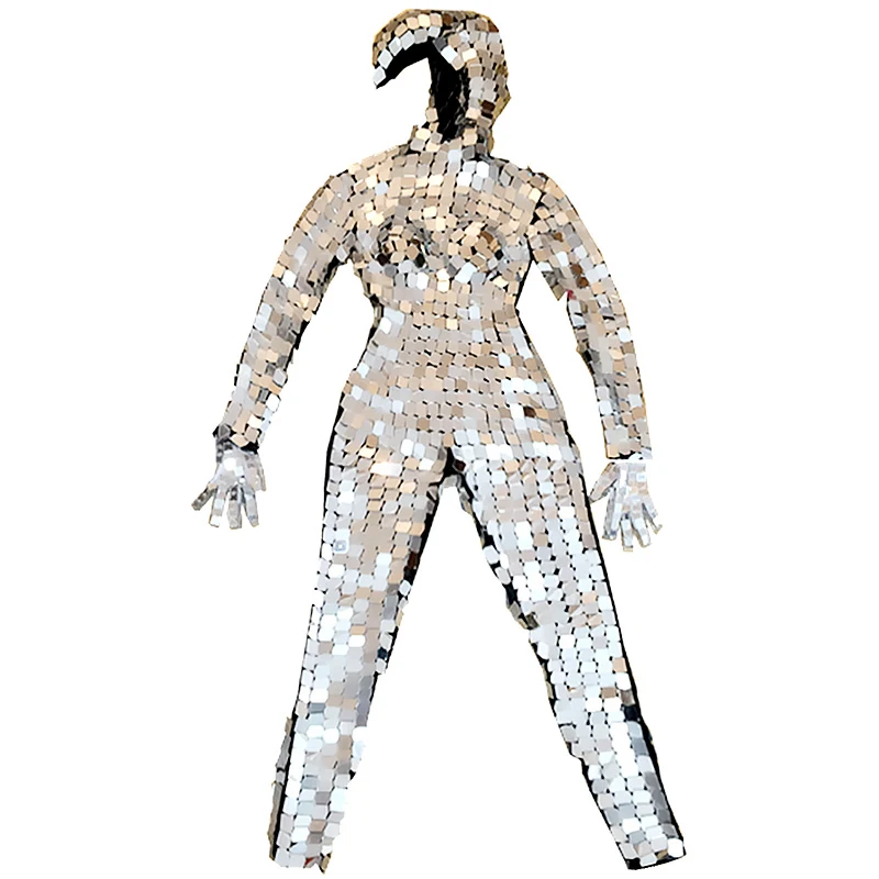 Costume da uomo con specchio argento Costumi di danza laser Uomo Performance commerciale Discoteca Lente con paillettes Tuta Abbigliamento da festa Donna