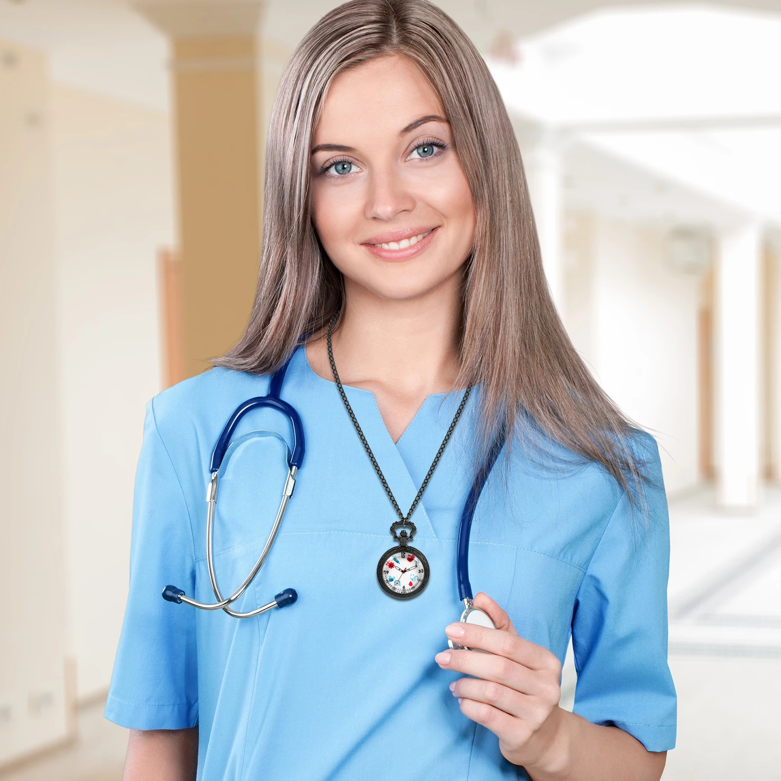 นาฬิกาควอทซ์แอนะล็อก lancardo สำหรับงานทางการแพทย์นาฬิกาพกแบบใสสร้อยคล้องคอสำหรับทุกเพศสีดำ