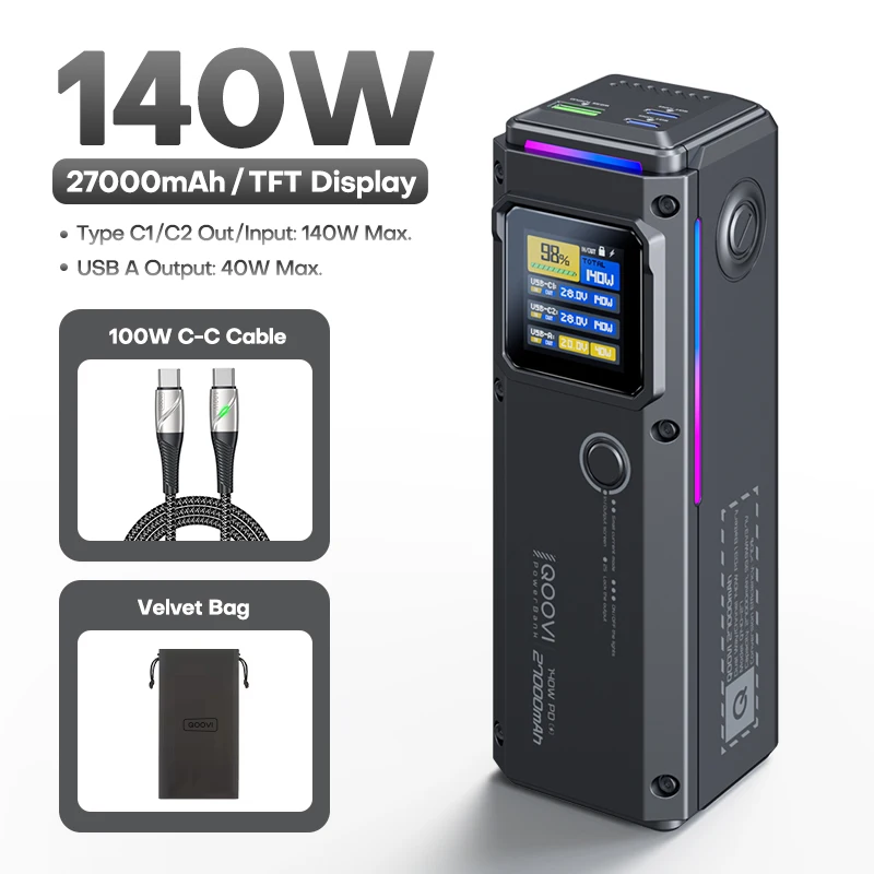QOOVI 27000mAh Power Bank PD 140W Snel opladen Draagbare batterijcapaciteit Powerbank voor iPhone Macbook Laptop Samsung Xiaomi
