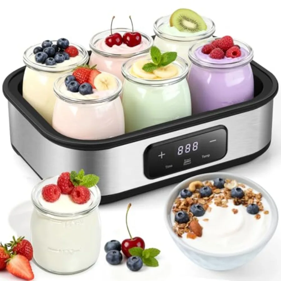 

Yogurt Maker with Adjustable Temperature 48H Timer - 6 Glass Jars for Homemade Probiotic Yogurt in White for Family Wellness He