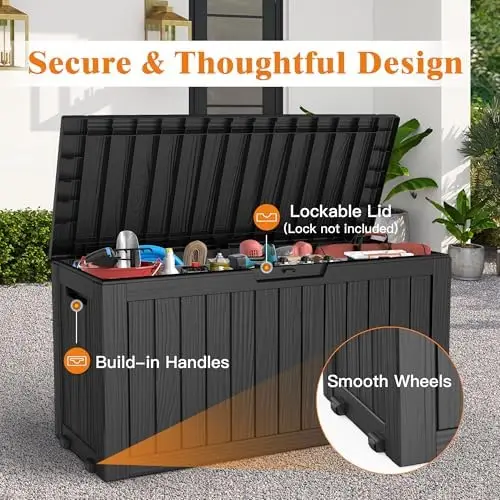 Outdoor Storage Box, 75 Gallon Waterproof Deck Boxes, Resin, Lockable Pool Deck Box for Garden Tools, Patio,Pool view 3