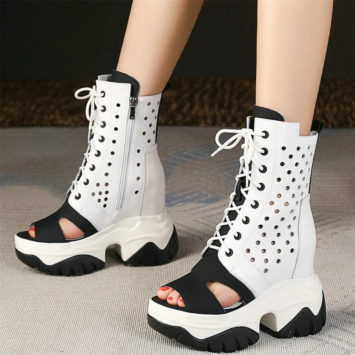 

Wedges Pumps Shoes Women Lace Up Cow Leather Super High Heels Gladiator Sandals Female Open Toe Fashion Sneakers Casual Shoes