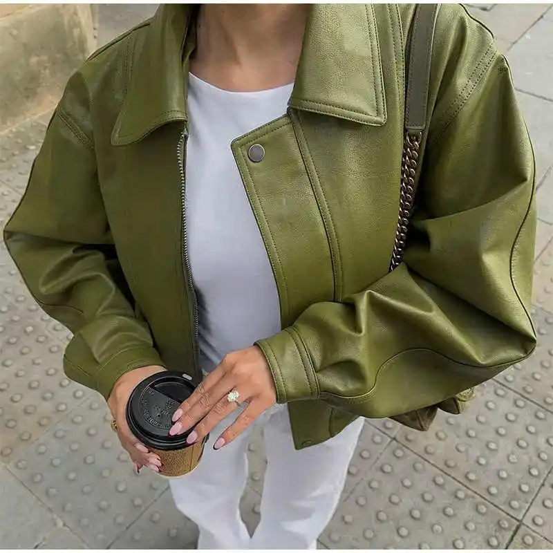 

European And American Retro Green Motorcycle Jacket, Women'S Autumn And Winter Personalized Lapel Pu Leather Jacket