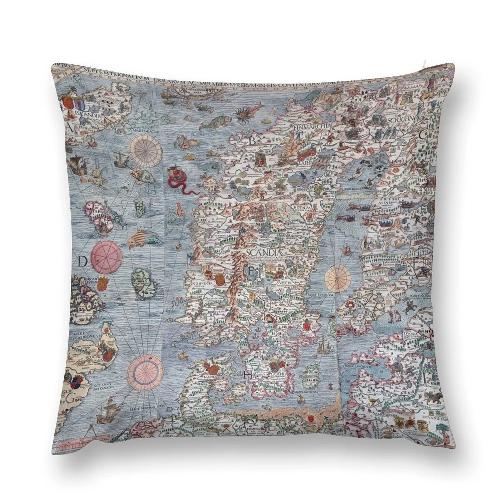 Carta marina, a wallmap of Scandinavia, by Olaus Magnus, 1539 - Map Print Throw Pillow Throw Pillow Covers pillow