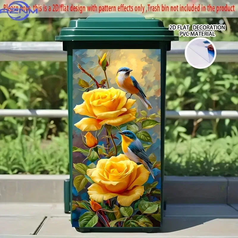 Birds on Yellow Roses Self-Adhesive Dustbin Stickers, PVC Trash Can Decorative Stickers, Wheelie Bin Stickers,  for Garden, Co
