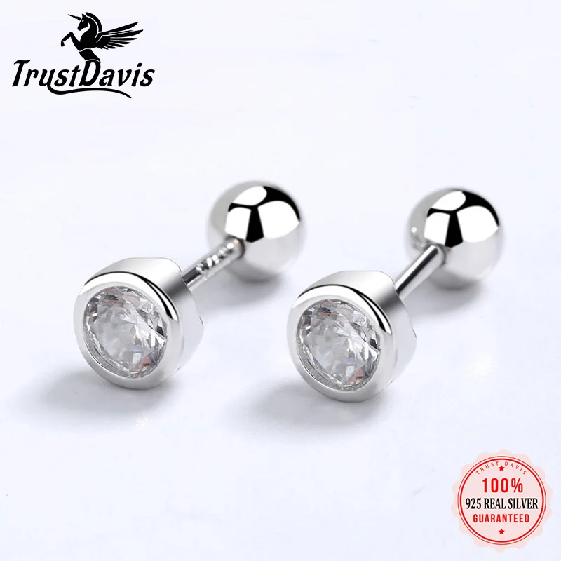 Trustdavis Real 925 Sterling Silver Fashion Round 4/5/6mm CZ Beads Screw Stud Earrings For Women Wedding Fine Jewelry DA2269