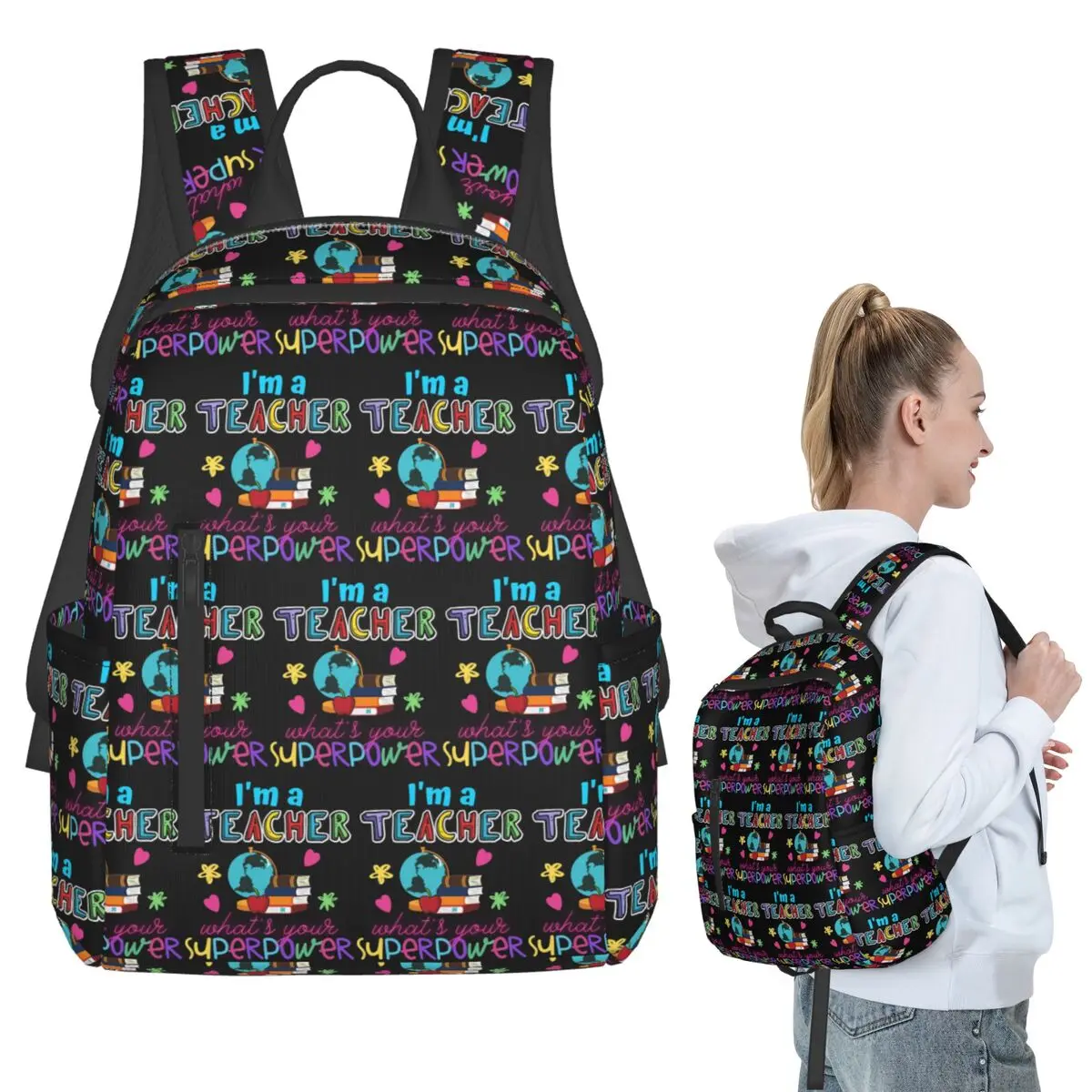 I'm A Teacher What_s Your Superpower Backpack Student BookBag Children School Bag Laptop Shoulder Bags Men Women