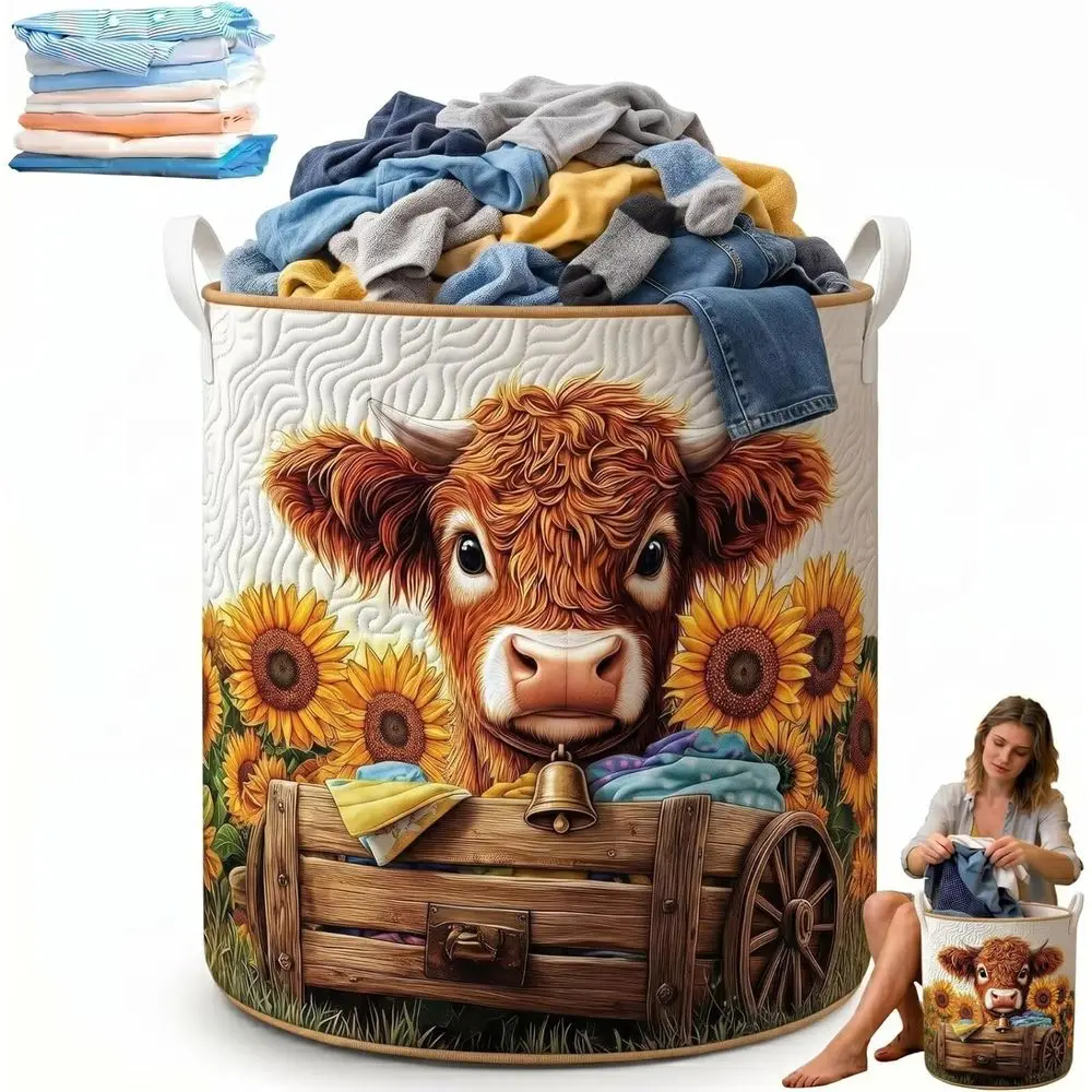Highland Cow Garden Charm Storage Basket, L Size Western Country armhouse Quilted Bucket Laundry Hamper Bag, Dirty Clothes Stu O