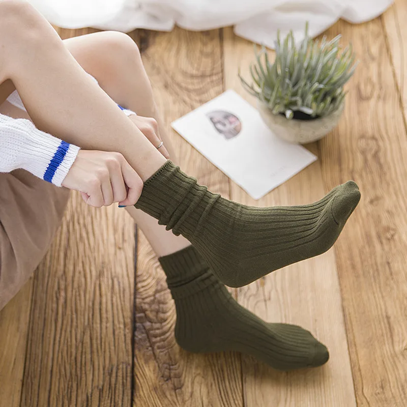 Socken einfarbige Baumwolle lose stricken Frauen 1 Paar schwarz rosa Studenten Mädchen Strümpfe elegante Retro lange Socken atmungsaktiv