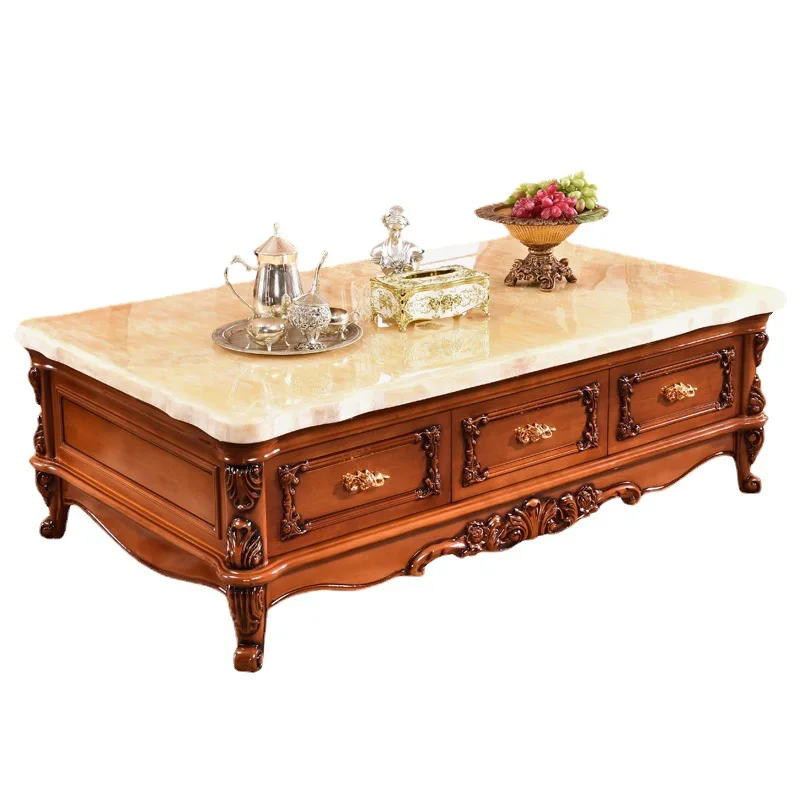 

European solid wood coffee table, marble surface, long coffee table with drawers