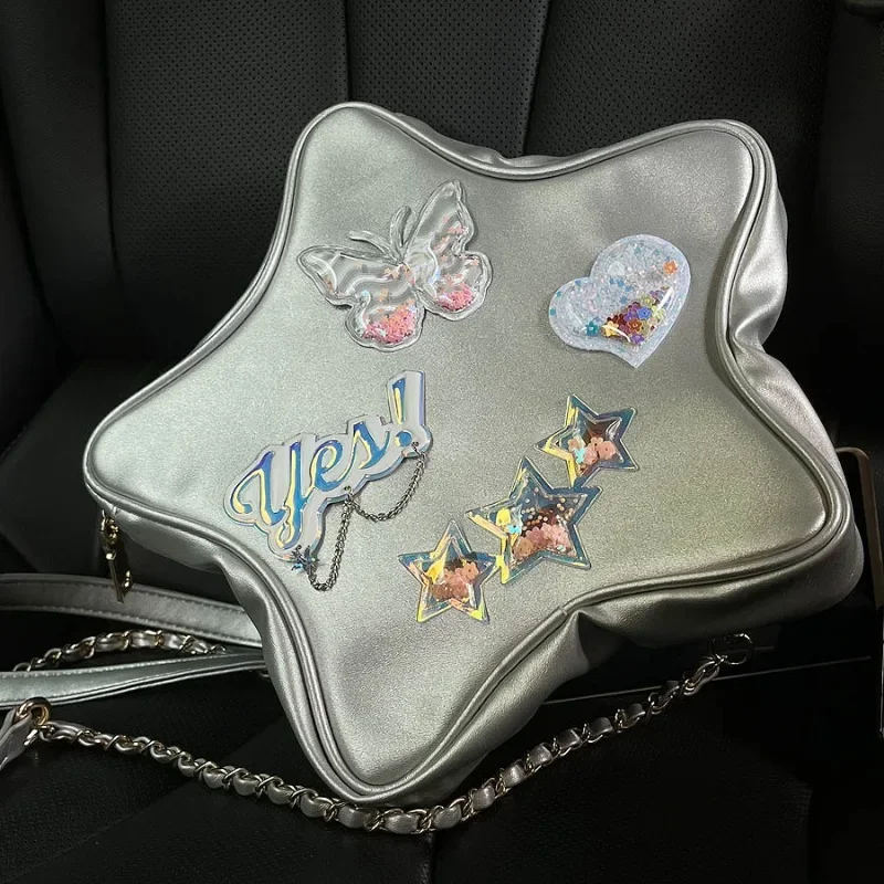 Y2k Star Shoulder Bag Silver Japanese Style Leather Bag Kawaii Messenger Bag Large Capacity Cute Girl Handbag Wallet New 2023