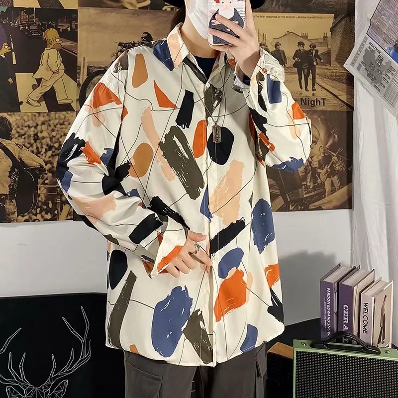 

Vintage Hong Kong Sle Floral irt Long Sve Loose Fit Hawaii Print Couple's Outerwear Polyester Fiber Men's Women's