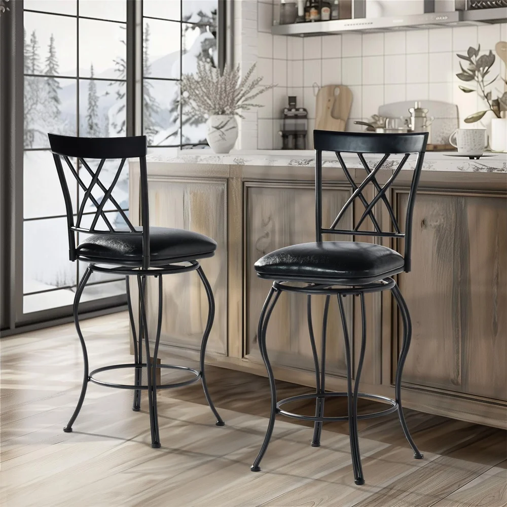 Swivel Bar Stools Set of 2 Padded Kitchen Dining Counter Stools with Metal Frame and Lattice Backrest Indoor Use