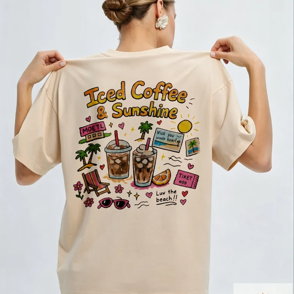 Oversized Beige Sunglasses Cartoon Illustration Iced Coffee Sunshine Beach Themed Palm Trees Drinks Hearts Text Relaxed Fit