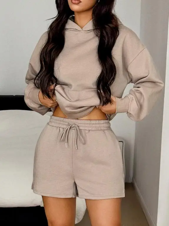 

Autumn Women's Casual Sports Style 2-Piece Solid Color Hooded Long Sleeved Sweatshirt and Lace Up Straight Leg Shorts Set