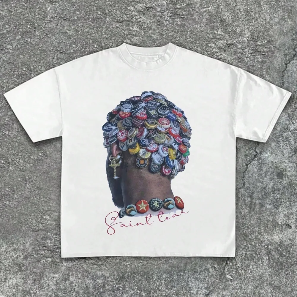 Bottle Cap Artwork Portrait Loose-Fit Print T-Shirt Unisex Crew Neck Short-sleeved Retro Street Y2K Casual Fashion Tops Clothing