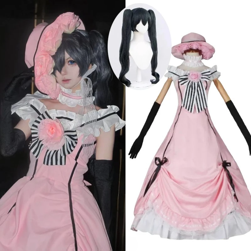 

Anime Ciel Phantomhive Cosplay Costume Retro Pink Princess Dress Gown with Hat Wig Role Play Outfit Full Set for Women