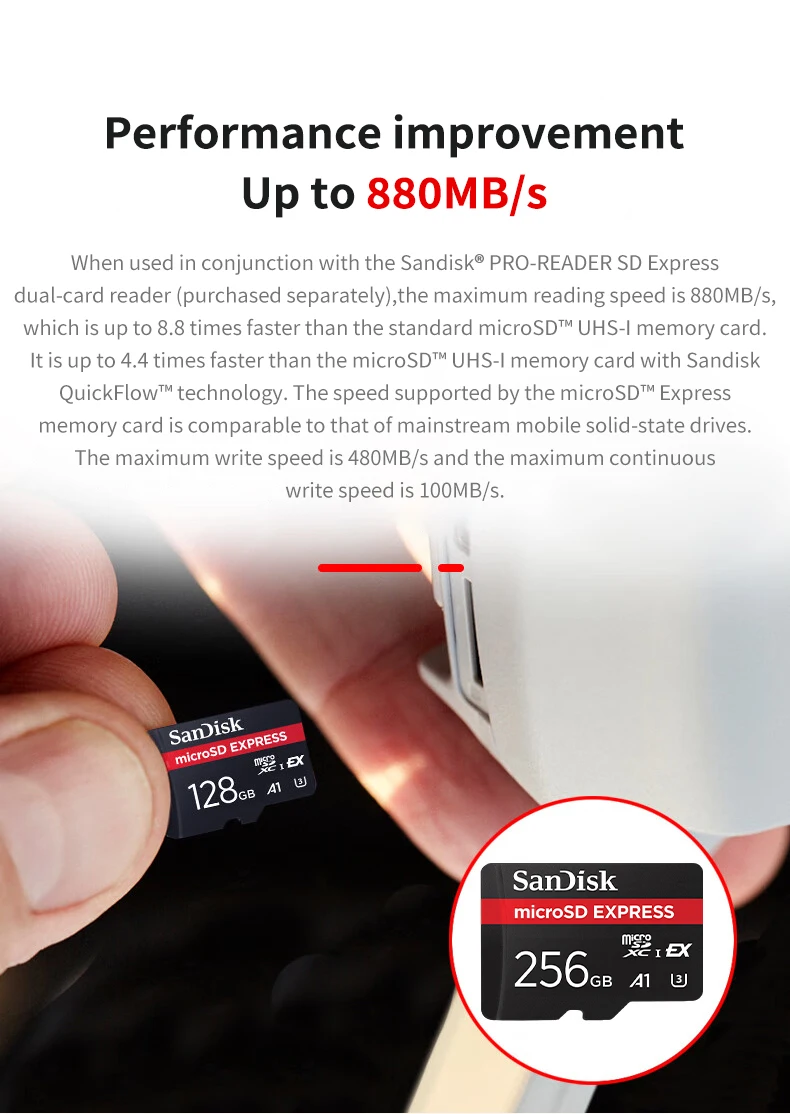 SanDisk MicroSD Express Karte 128GB 256GB A2 5.3K NVMe TF Speicherkarte für Tablet UAV Switch 2 Max 880Mb/s Micro SD Karte für Telefon – Detail 3