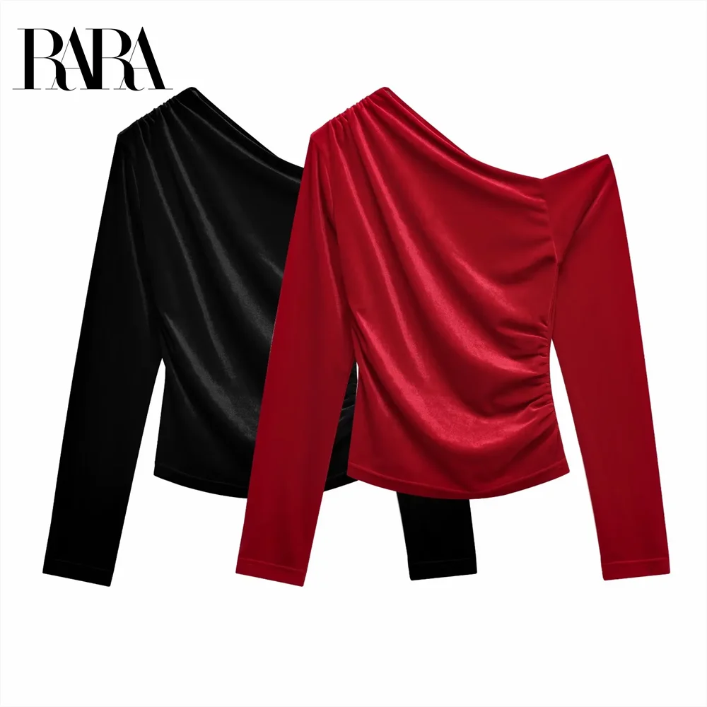 2024 RARA asymmetric design pleated slim-fitting off-shoulder long-sleeved temperament casual versatile tops new winter style