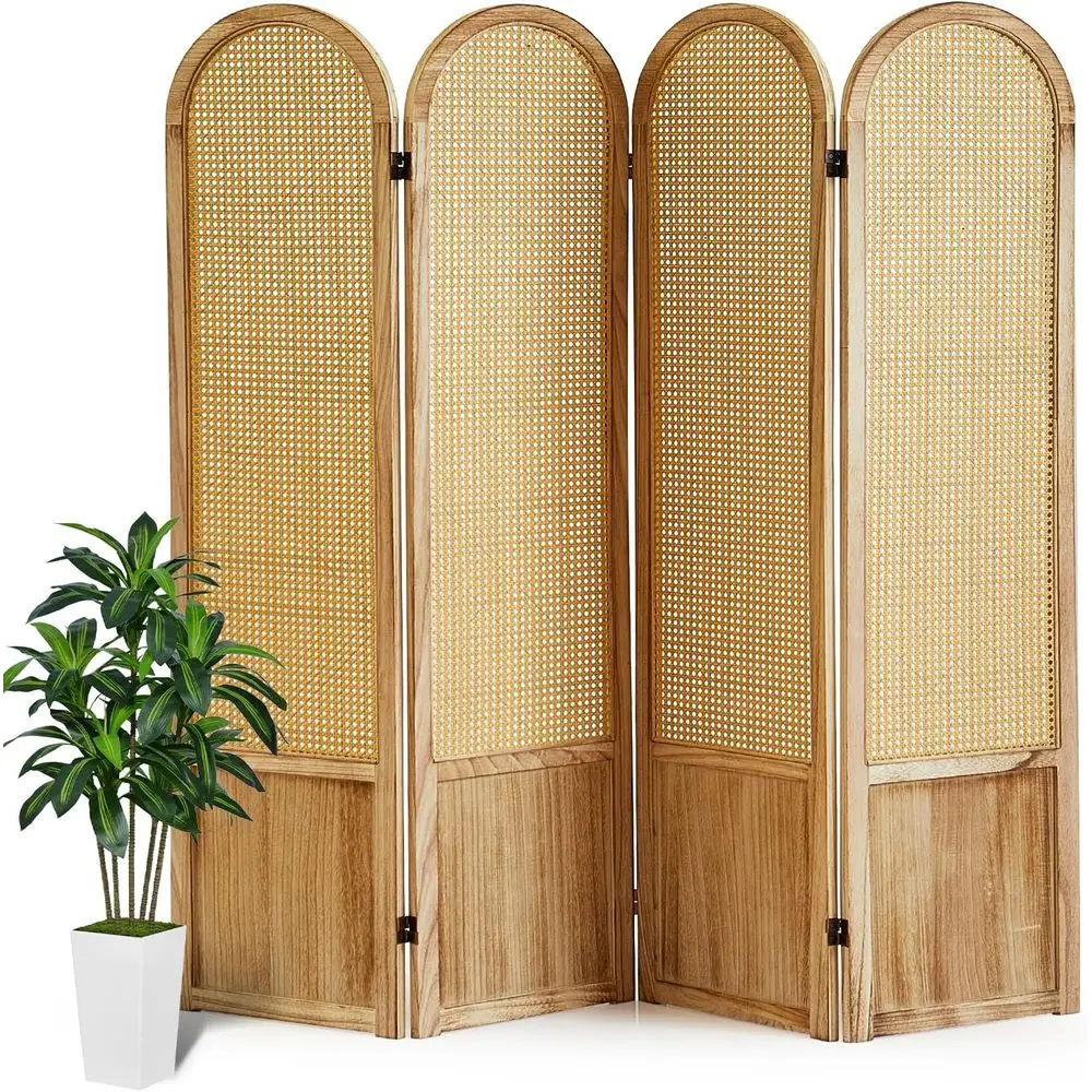 4-Panel Wooden Privacy Screen, Rattan Style, Portable Room Divider for Home or Office (Natural)