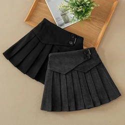 Girl Winter Solid Color Pleated A-line Skirt Preppy Style New Autumn British Fashion Vintage Woolen Children's Mini Dress