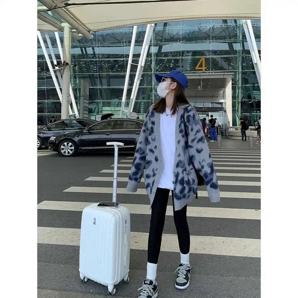 Korea Cool Leopard Print Knitted Cardigan Sweater Women Harajuku V-Neck Long Sleeve Oversize Jumper Pullover Female Ins