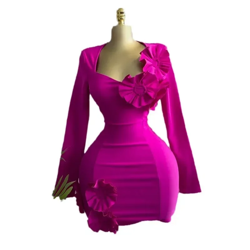 

Женское облегающее мини-платье без бретелек с 3D цветком и длинными рукавами, сексуальное платье для дня рождения, вечера, вечеринки, клуба, Vestidos