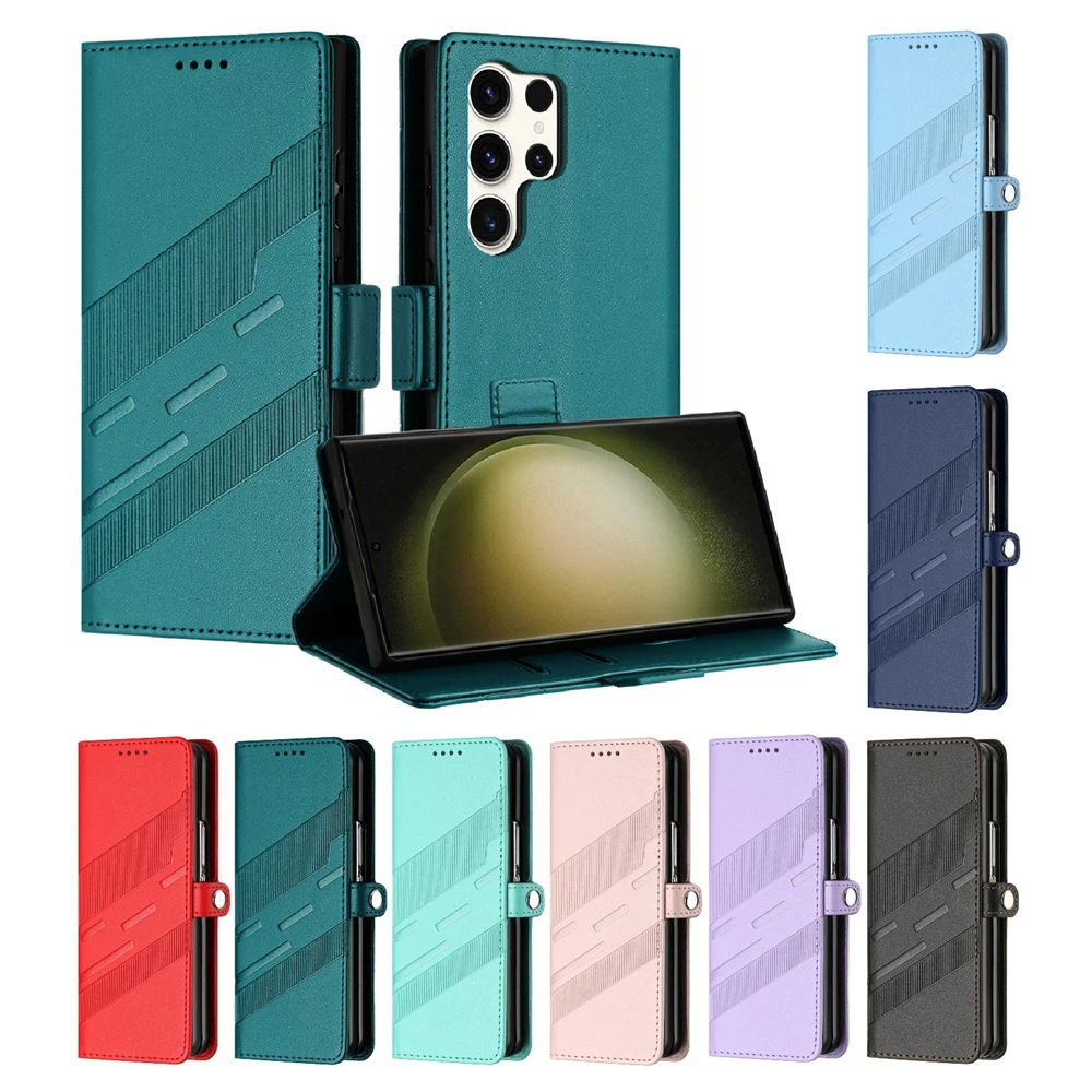 Premium Leather Case For Samsung Galaxy S22 S23 S24 S25 Ultra Classic Black Blue Magnetic Phone Cases Wallet Flip Cover Strap