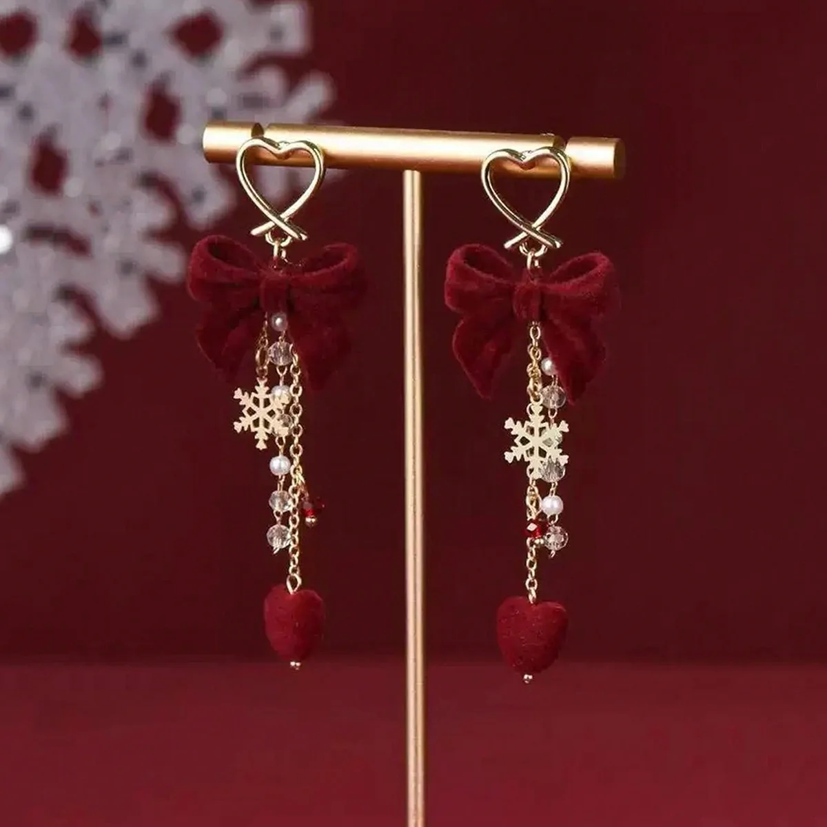 الأحمر توافدوا Bowknot ندفة الثلج ستار القلب الأقراط الطويلة عيد الميلاد الحلو الأزياء والمجوهرات النساء هدايا السنة الجديدة