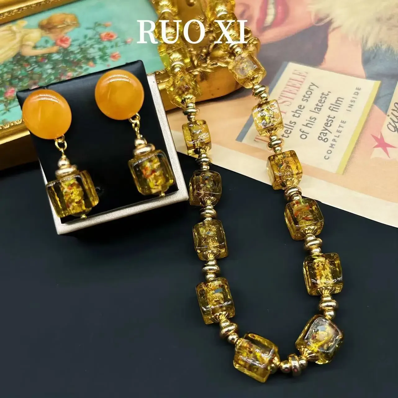 

Jewelry Decoration Girl's Earring Necklace Set Glass Retro French Gold Foil Advanced Square Daily Boutique