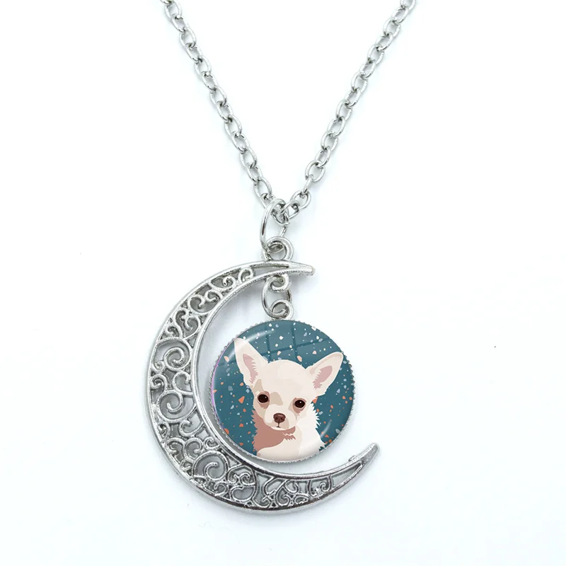 Cute Chihuahua Glass Dome Cabochon Crescent Moon Necklace Statement Jewelry Gifts