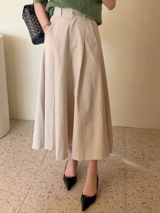 Saia Midi de Cintura Alta Faion para Mulheres Saia ande com Cintura Elástica Chique Saia em Linha A Cor Simples Estilo de...