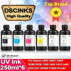 LED UV Ink 250ml x 6 Bottle for Epson 1390 L800 L1800 L805 R290 R1800 R1900 DX4 DX5 DX6 DX7 TX800 XP600 Printhead Hard/Soft Ink