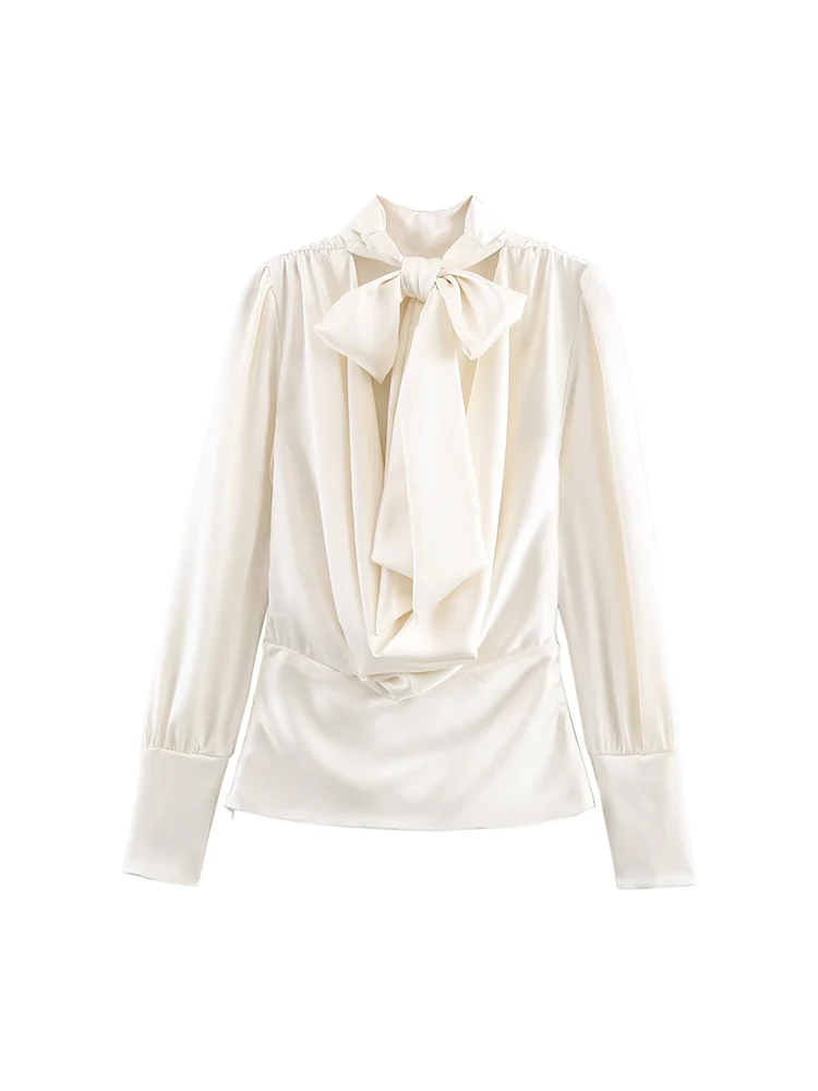 Bluzka damska TFMLN na jesień, z kokardą przy dekolcie, długie rękawy, dopasowany krój, elegancki styl, seksowny odkryty tył, koszula damska.