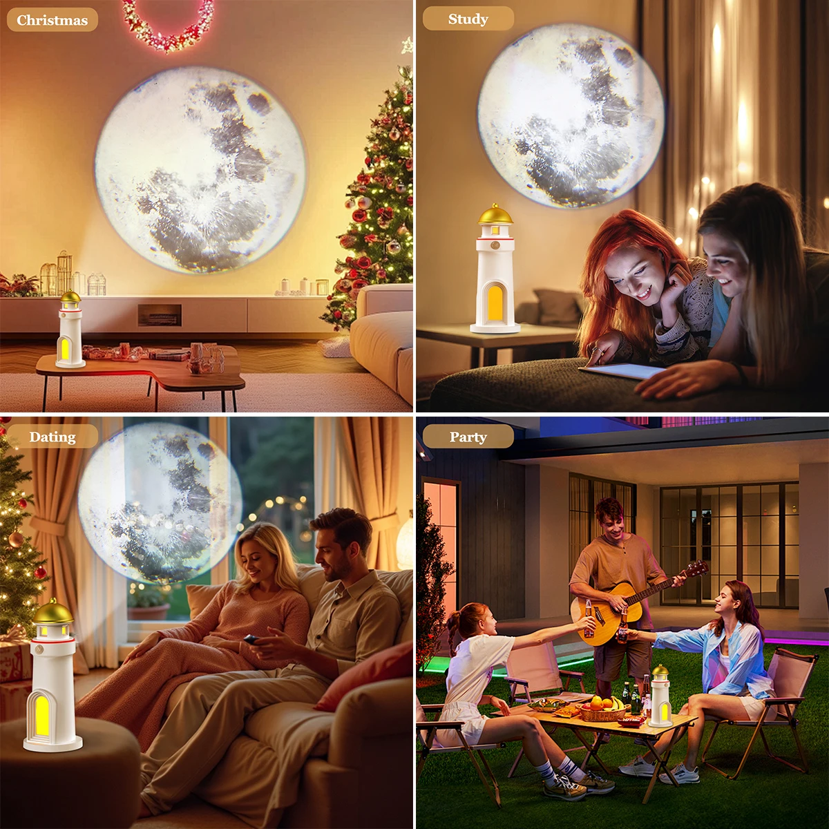 Moon Projector Lighthouse Lamp Portable Lighthouse Decor Rechargeable Moonlight Projector Night Light for Kids Bedroom Children