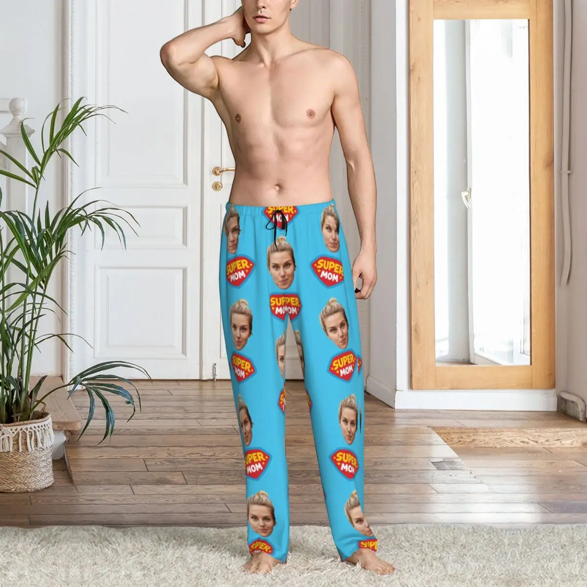 Pantalones de pijama personalizados Super Mom para hombre, ropa de dormir con diseño de foto de cara personalizada, pantalones para dormir elásticos con bolsillos