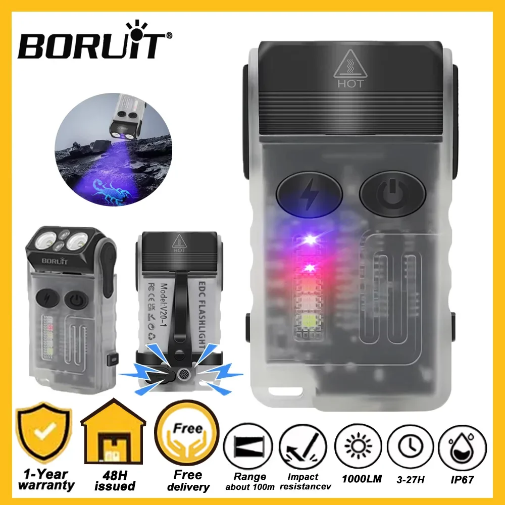

BORUiT V20-1 светодиодный фонарик-брелок с вращением на 180, УФ-магнитный зажим для звукового сигнала, USB-C, перезаряжаемый фонарик для кемпинга, рыбалки, аварийная сигнализация
