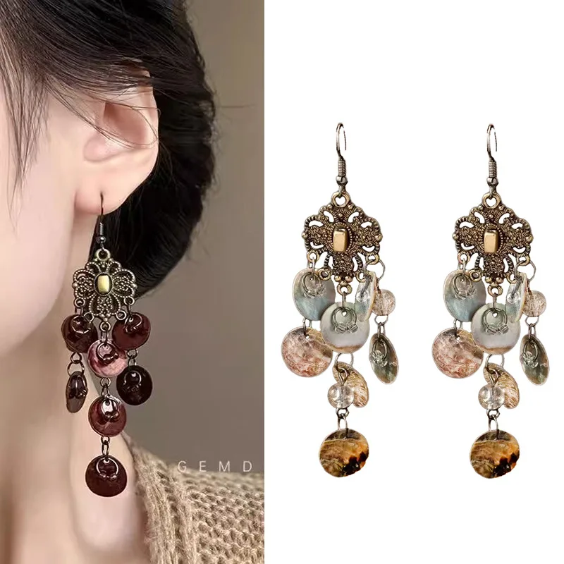 

Shell tassel earrings with ethnic style, retro, niche, high-end, heavy industry, versatile design, earrings for women