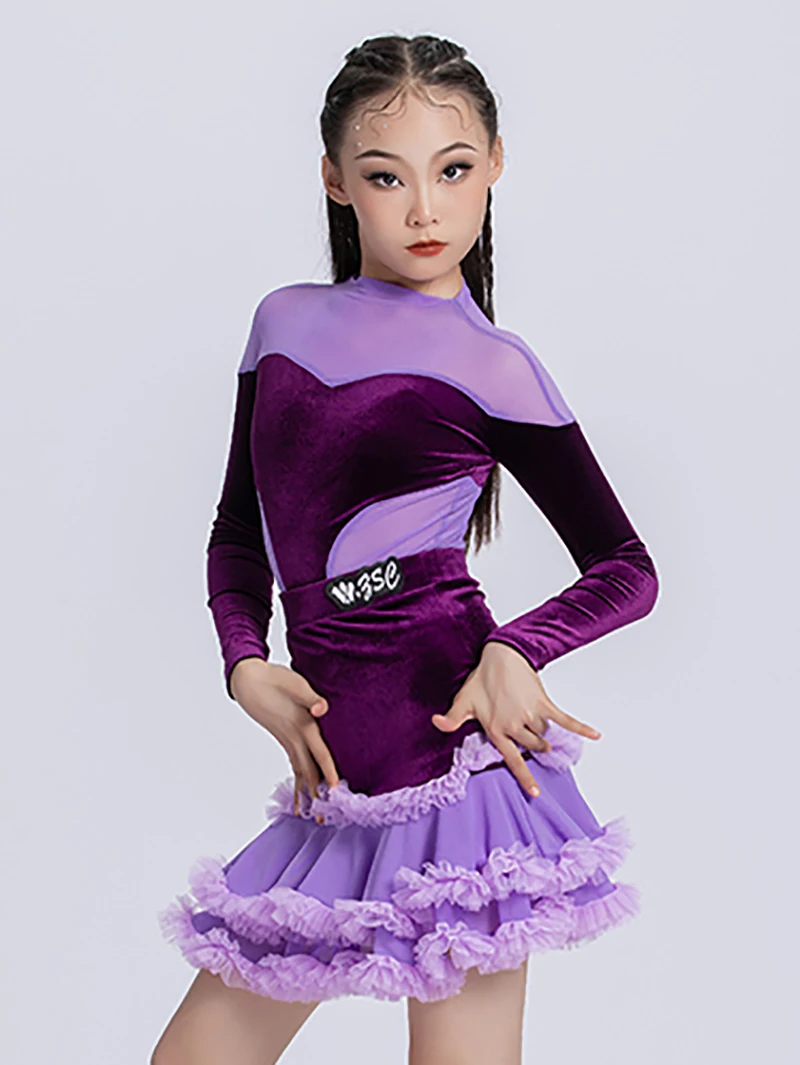 فستان مسابقة الرقص اللاتيني 2025 جديد للأطفال البنات أداء احترافي ارتداءها والتنانير الشتاء المخملية ممارسة زي