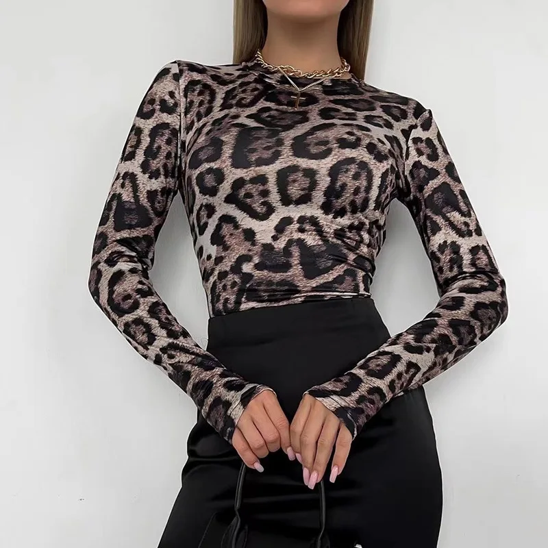 2023 autumn hot item round neck long sleeved leopard print sexy vest jumpsuit